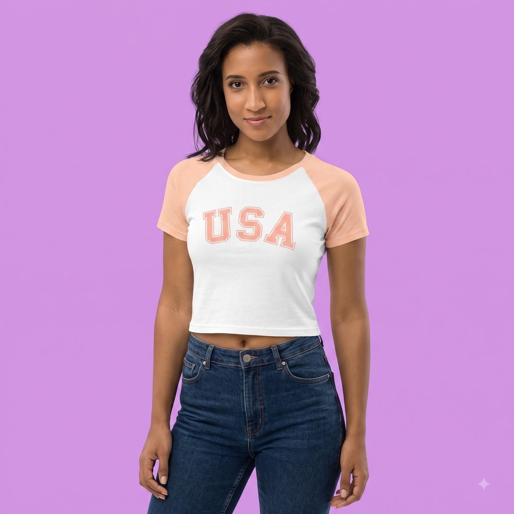 Abound White USA Graphic‎ Crop T-Shirt Raglan Short Sleeve Patriotic Womens L